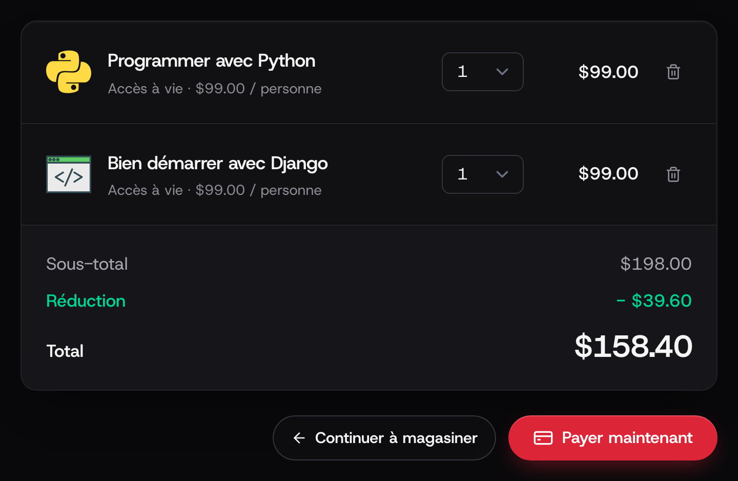 Panier avec deux formations : 198,00 $ moins 39,60 $ de réduction, soit 158,40 $