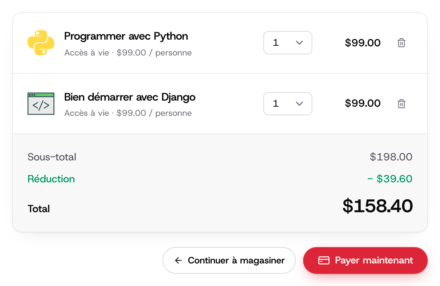 Panier avec deux formations : 198,00 $ moins 39,60 $ de réduction, soit 158,40 $